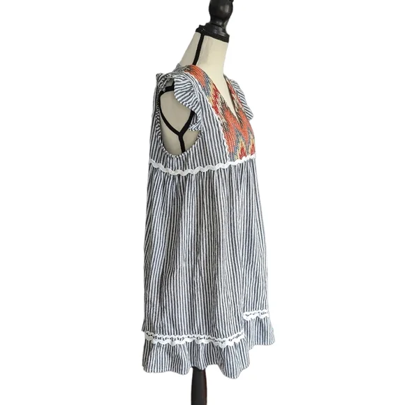 THML Tribal Dress Blue And White Stripes Size L - Picture 3 of 9